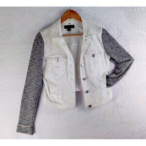 Jean Jacket by Tinseltown Denim Couture White Gray Sleeves Distressed High-Low S
